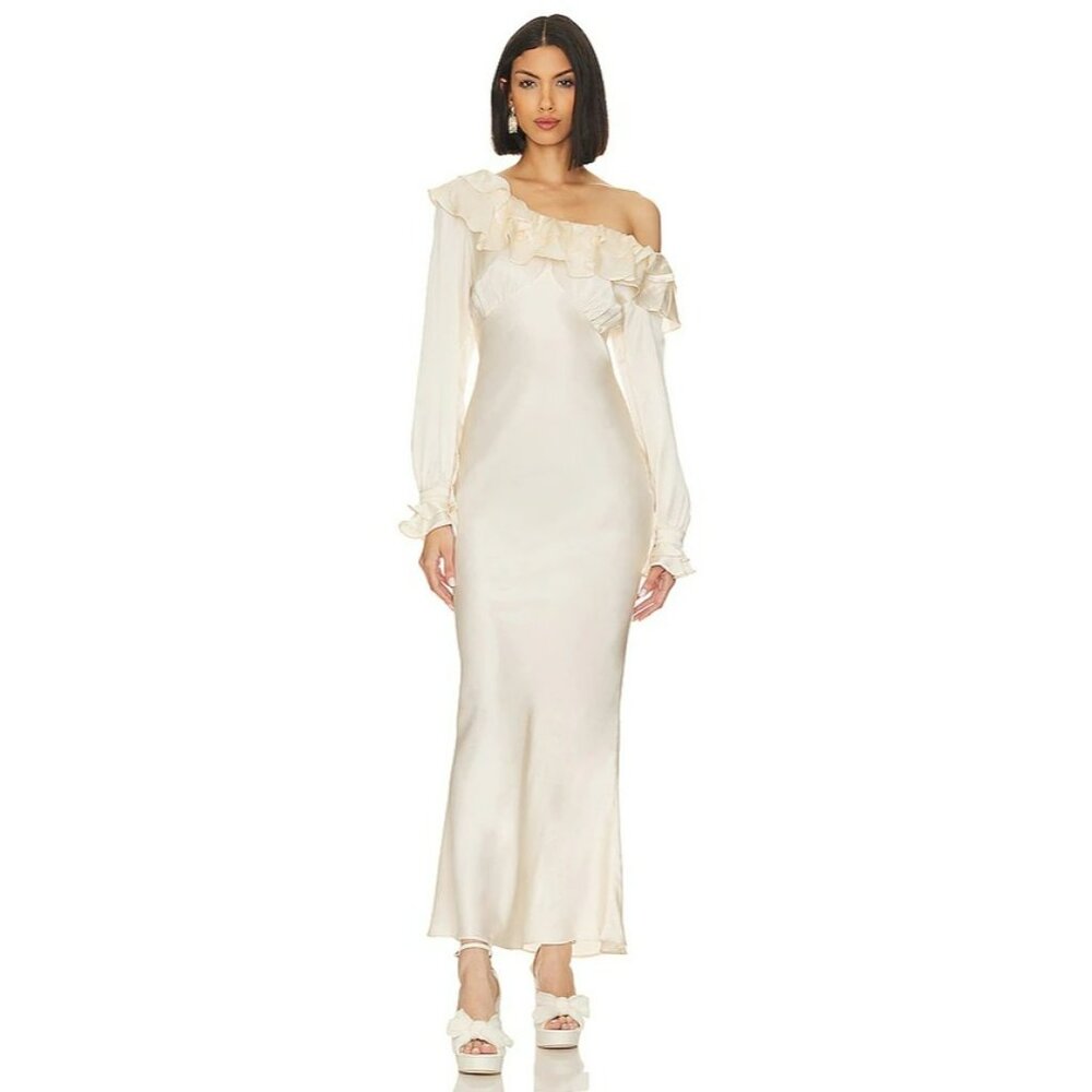 Stone Cold Fox X Revolve Vicious Slip Dress Ivory Silk Ruffled NWT Satin Viral L